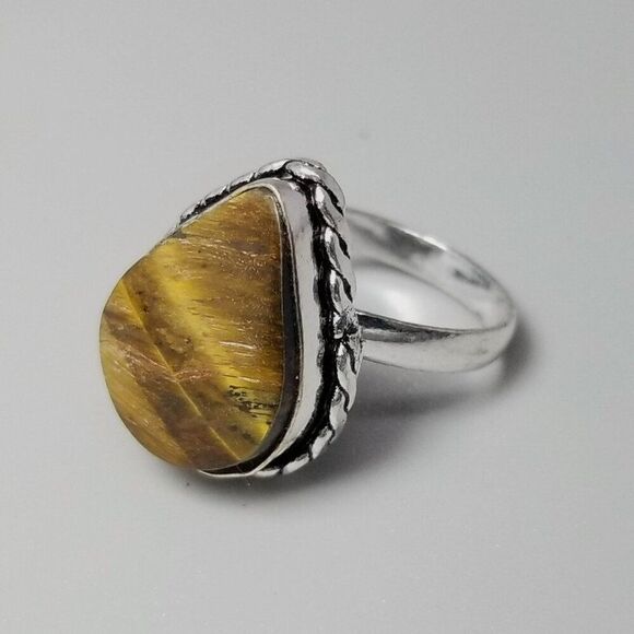 Vintage Tigers Eye Brown Stone Ring Bezel Set Silver Tone Band, Size 6.5, Estate - Picture 3 of 8